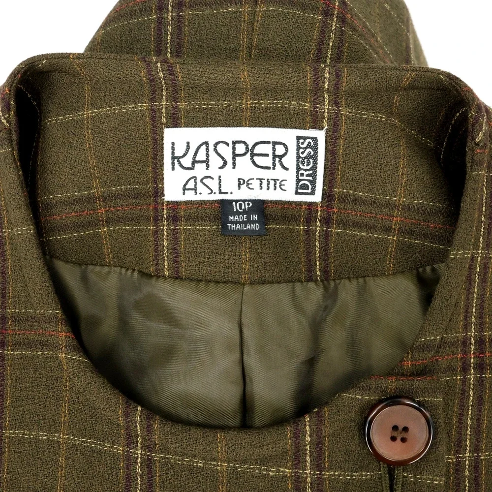Kasper ASL Jacket Dress Petites 10P Green Plaid Tweed Pockets Lined Career Vtg - Picture 13 of 16
